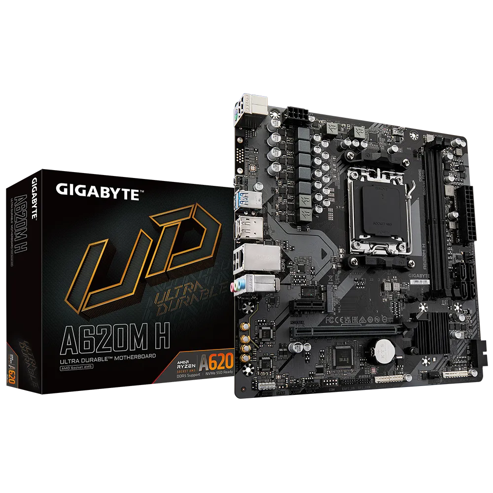 GIGABYTE A620M H Motherboard - Supports AMD Ryzen 8000 CPUs, 5+2+2 Phases Digital VRM, up to 7200MHz DDR5 (OC), 1xPCIe 4.0 M.2, GbE LAN, USB 3.2 Gen 1, AMD, Socket AM5, AMD Ryzen 7000 Series, Socket AM5, 96 GB, DDR5-SDRAM