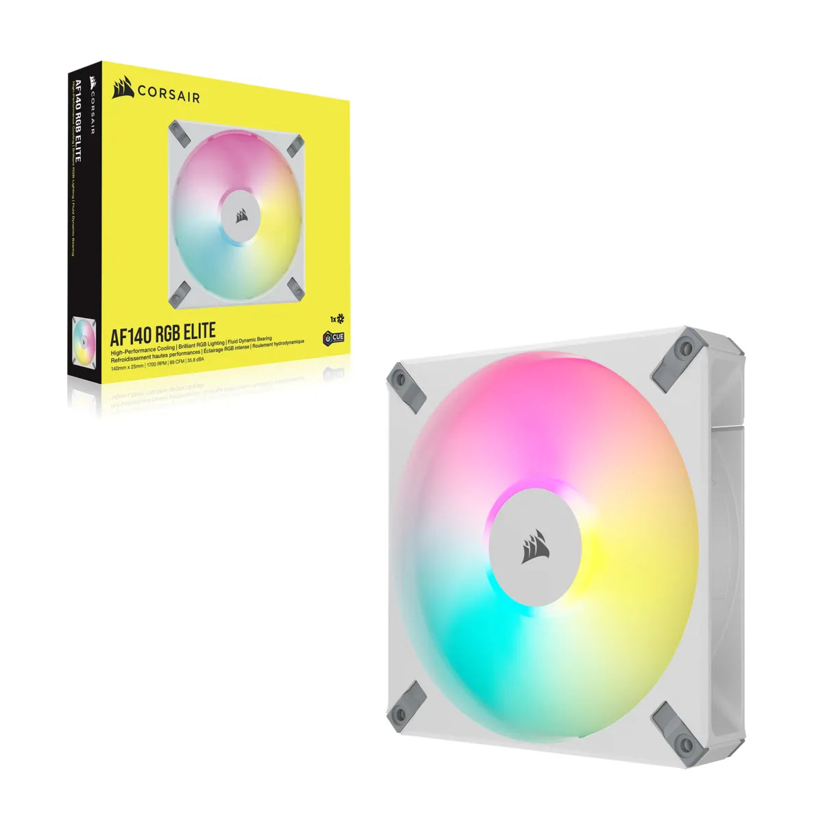 Corsair AF ELITE Series; AF140 RGB ELITE WHITE; 140mm Fluid Dynamic RGB Fan with AirGuide; Single Pack