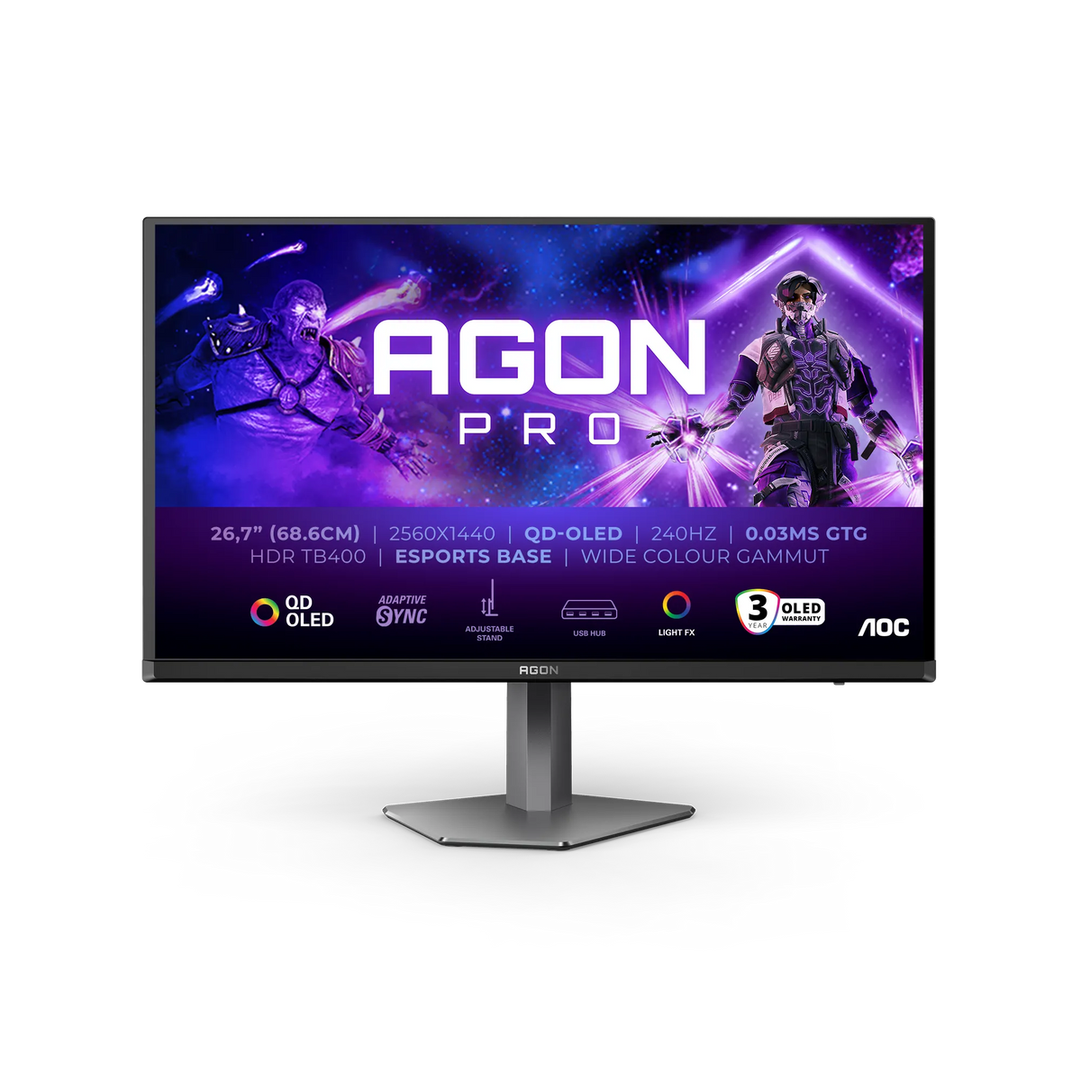 AOC AG276QZD2 AGON|27 inch OLED QHD 2560x1440 240Hz|0.03ms| 450nits|HDMI DP| Speakers|Ergo Stand|Pivot|Swivel