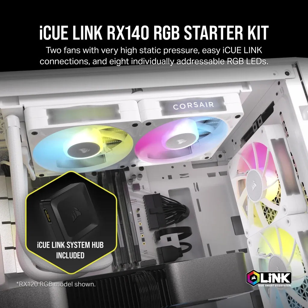 Corsair RX Series; iCUE LINK RX140; 140mm Fan; Dual Pack - White.