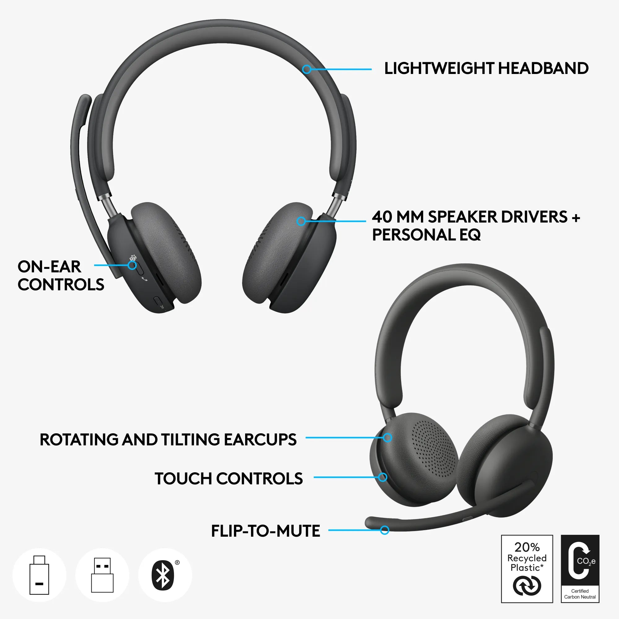 Logitech Zone Wireless 2 Teams, Wired & Wireless, Office/Call center, 230 g, Headset, Graphite