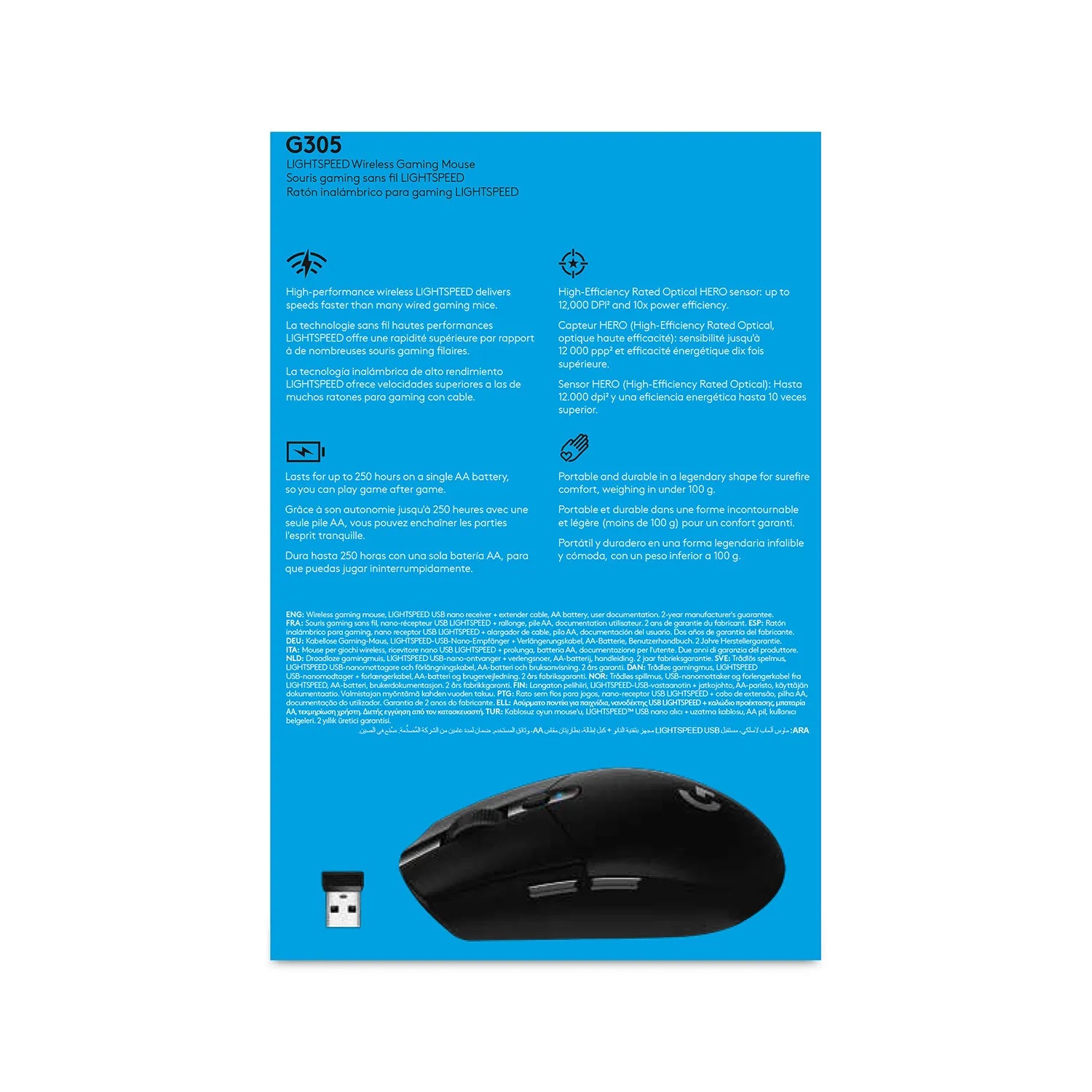 Logitech G G305 LIGHTSPEED Wireless Gaming Mouse, Right-hand, Optical, RF Wireless + Bluetooth, 12000 DPI, 1 ms, Black