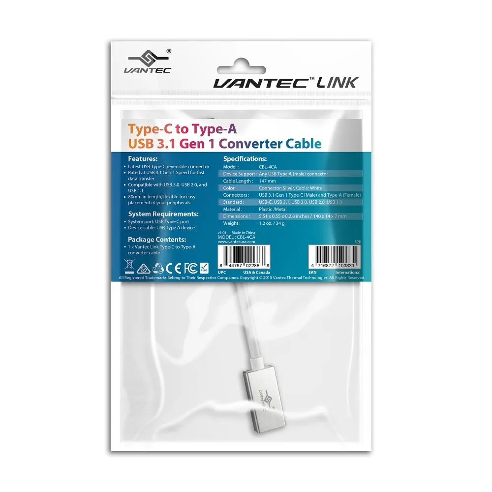 VANTEC CBL-4CA USB TYPE C MALE TO USB TYPE A FEMALE ADAPTOR DONGLE