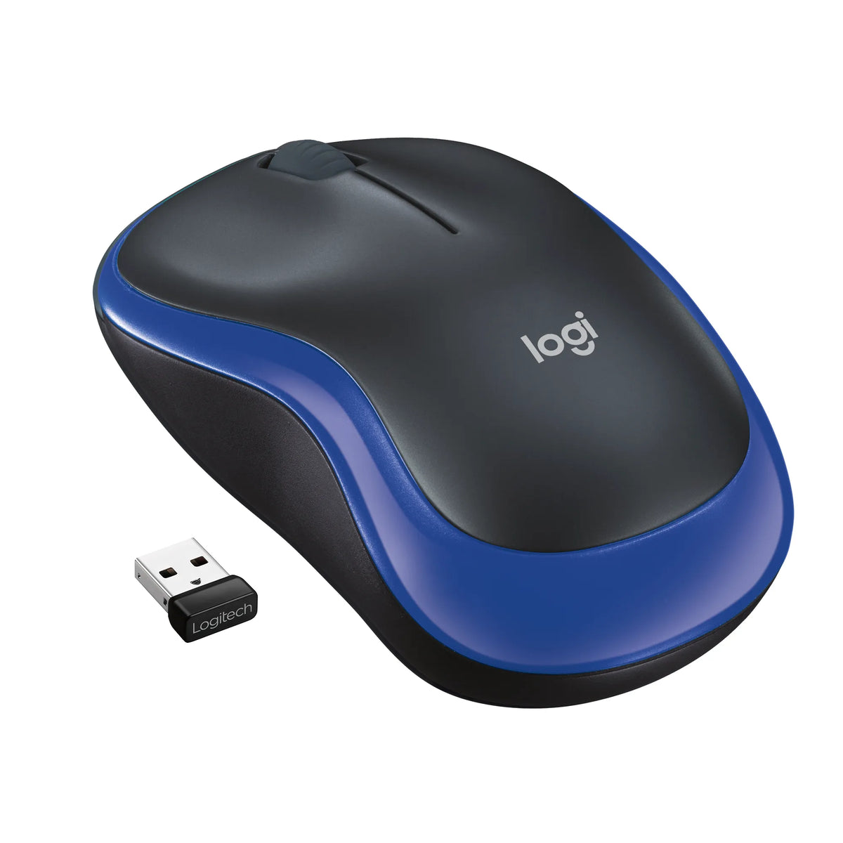 Logitech Wireless Mouse M185 (Black & Blue) Nano USB receiver 3 buttons optical tracking with wheel 10m range 12-month battery l