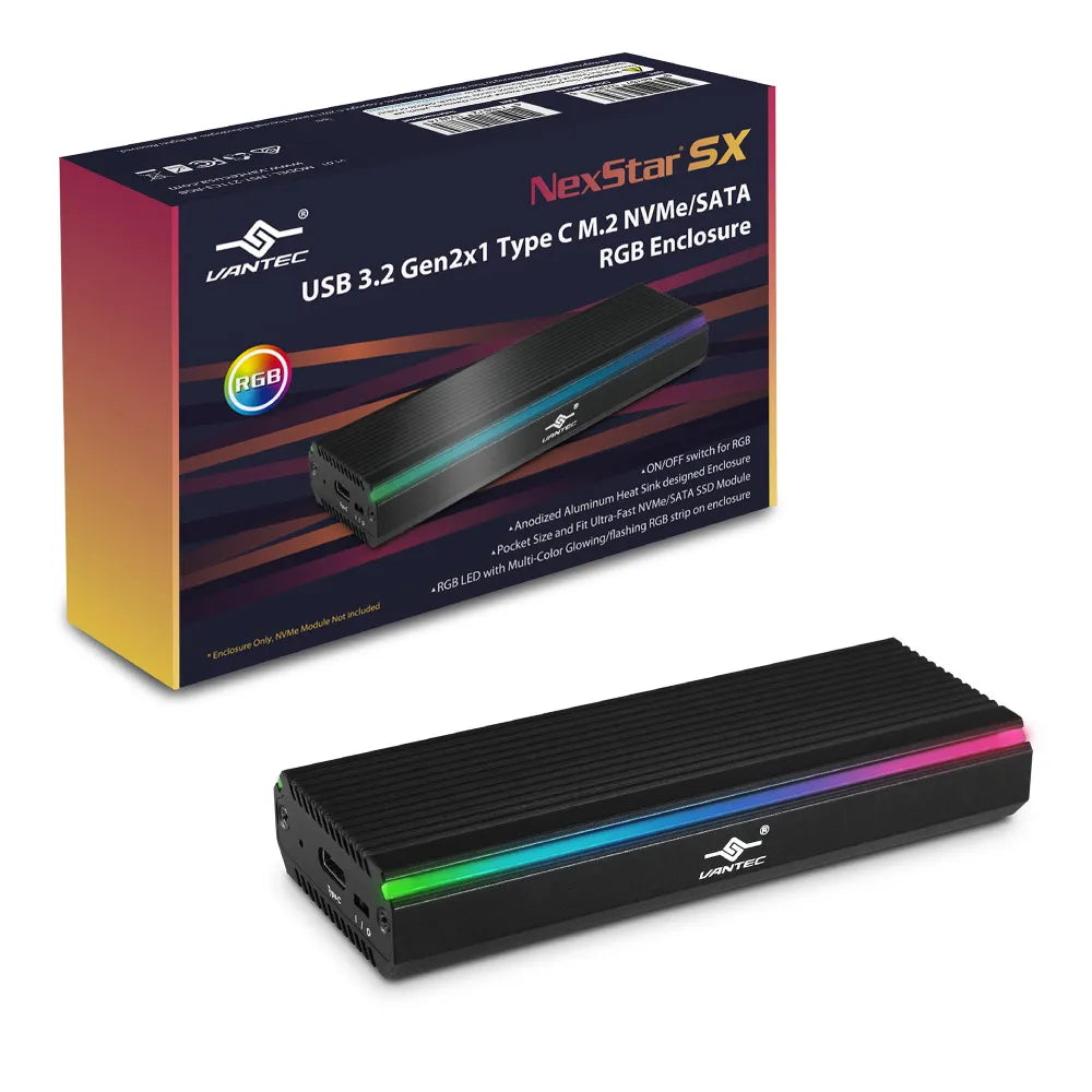 Vantec M.2 NVME & M.2 SATA SSD to USB 3.1 Gen 2 Type C with RGB LED