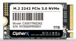 1TB CipherX Professional Series, NVMe PCIe GEN 4×4 M.2 (Read: 5000MB/s, Write: 3500MB/s,960 TBW) 3D NAND 2242 SSD