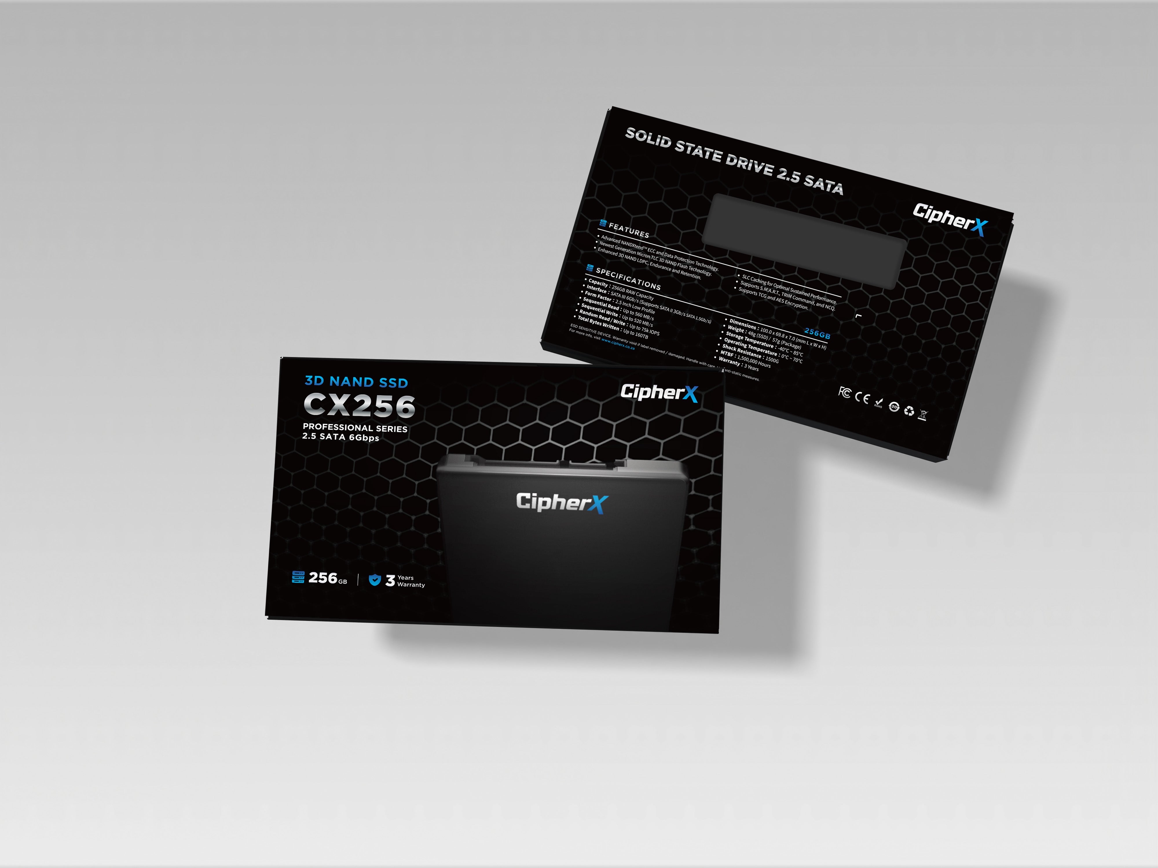 256GB CipherX, CX256 PRO 2.5", 3D NAND TLC, NANDXtend ECC Data Protect, SLC Caching, SATA-6Gbps (TCG and AES Encryption support) SSD