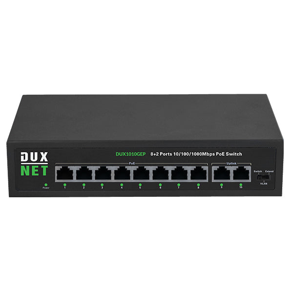 DuxNet Unmanaged 10 Port GbE with 8-port PoE+ Gigabit Ports and 2 x Gigabit Uplink ports.