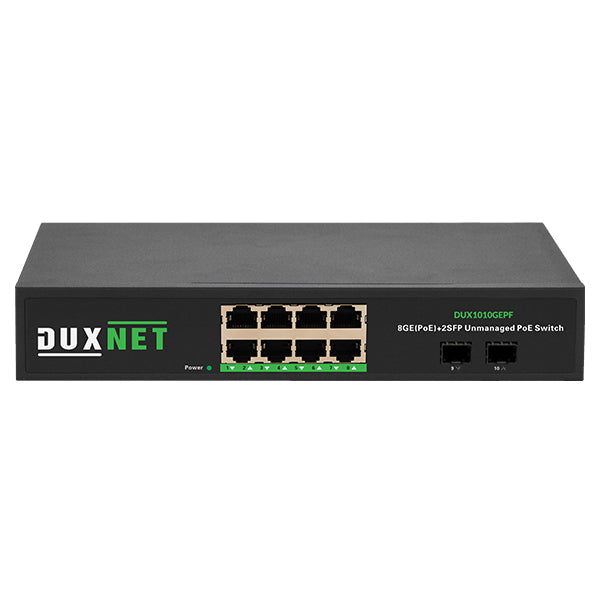 DuxNet Unmanaged 10 Port GbE with 8-port PoE+ Gigabit Ports and 2 x SFP Uplink ports