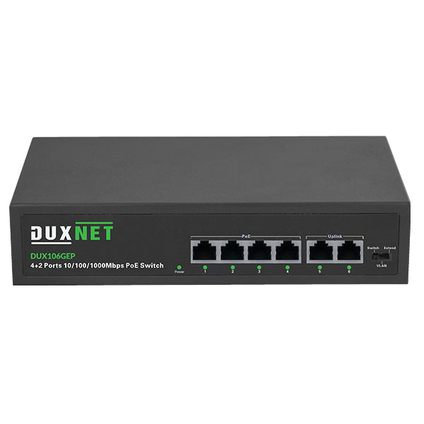 DuxNet Unmanaged 6 Port GbE with 4-port PoE+ Gigabit Ports and 2 x Gigabit Uplink ports
