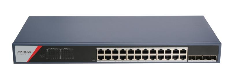 Hikvision L2 Smart Managed 24 Gigabit PoE ports 4 Gigabit SFP ports 802.3af/at PoE power budget 370W HPP Cloud managed VLAN STP/RSTP loop prefention DHCP Snooping ACL IP&MAC filter based on