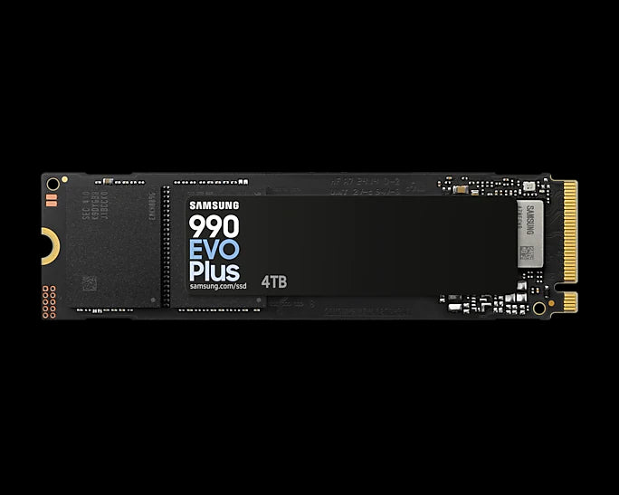 SAMSUNG 990 Evo Plus 4 TB NVMe SSD - Read Speed up to 7250 MB/s Write Speed to up 6300 MB/s Random Read up to 1000000 IOPS Random Write up to 1350000 IOPS PCIe® 4.0 x4 / 5.0 x2 NVMe 2.0 V-NAND TLC/ In-house controller/ HMB(Host Memory Buffer)