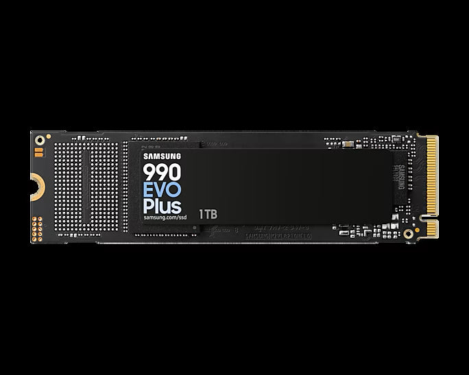 SAMSUNG 990 Evo Plus 1 TB NVMe SSD - Read Speed up to 7250 MB/s Write Speed to up 6300 MB/s Random Read up to 1000000 IOPS Random Write up to 1350000 IOPS PCIe® 4.0 x4 / 5.0 x2 NVMe 2.0 V-NAND TLC/ In-house controller/ HMB(Host Memory Buffer)