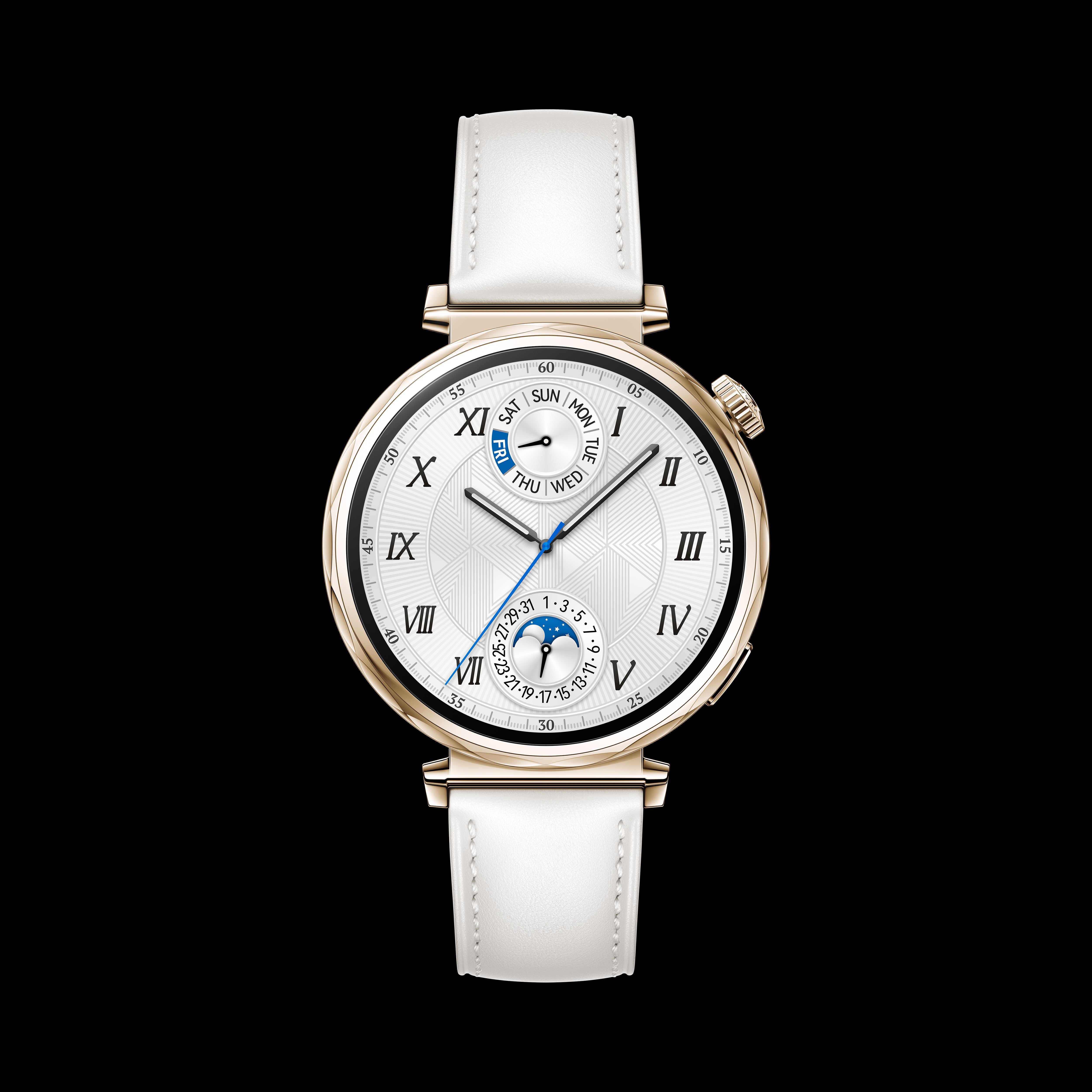 41mm/1.32inch AMOLED / White Composite Leather Strap.Front case:Gold stainless steel. 323 mAh IP68