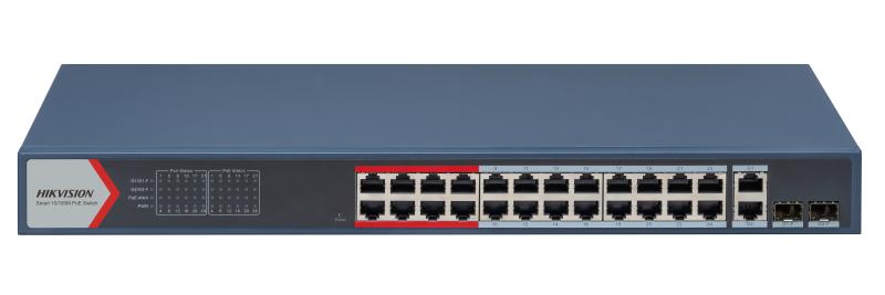 Hikvision L2 Smart Managed Switch 24 10/100M RJ45 PoE ports 2 Gigabit combo ports 802.3af/at PoE power budget 370W Max. 300 meter long distance PoE transmission