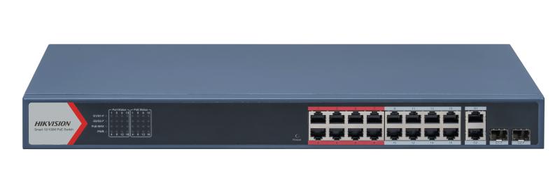 Hikvision L2 Smart Managed Switch 16 10/100M RJ45 PoE ports 2 Gigabit combo ports 802.3af/at PoE power budget 230W Max. 300 meter long distance PoE transmission