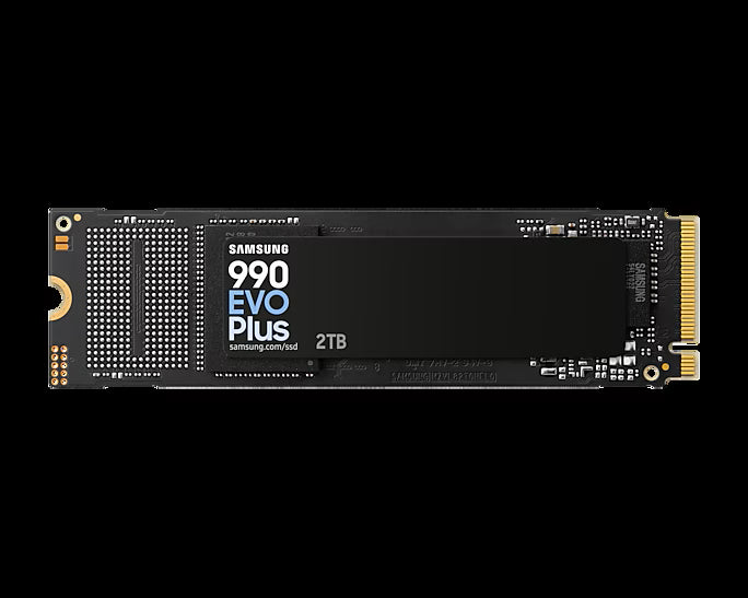 SAMSUNG 990 Evo Plus 2 TB NVMe SSD - Read Speed up to 7250 MB/s Write Speed to up 6300 MB/s Random Read up to 1000000 IOPS Random Write up to 1350000 IOPS PCIe® 4.0 x4 / 5.0 x2 NVMe 2.0 V-NAND TLC/ In-house controller/ HMB(Host Memory Buffer)