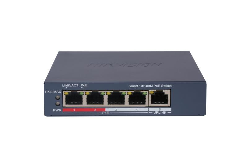Hikvision L2 Smart Managed 4 10/100M RJ45 PoE ports 1 10/100M RJ45 port 802.3af/at PoE power budget 60W