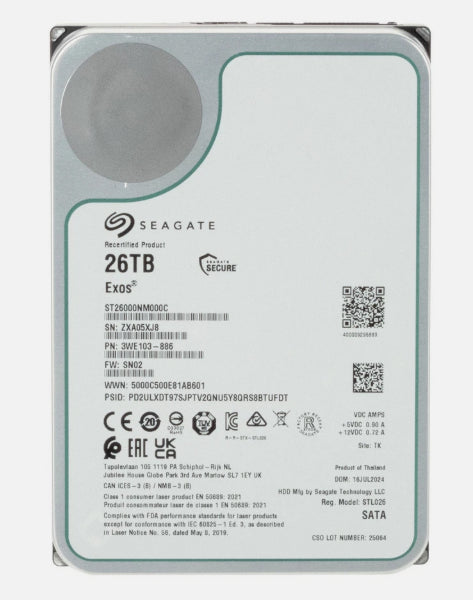 26TB Seagate Exos, (Enterprise), 3.5'', SATA 6Gb/s, 7200 RPM, Factory Recert.(1Yr Warranty) Hard Drive