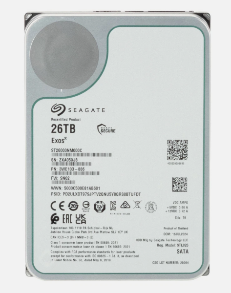 26TB Seagate Exos, (Enterprise), 3.5'', SATA 6Gb/s, 7200 RPM (Recert.1yr Warranty/Optional 5Yr) Hard Drive
