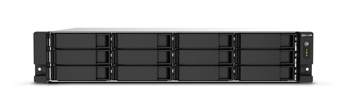 12-bay QNAP rackmount NAS | AMD Ryzen V1000 series V1500B 4C/8T 2.2GHz | 8GB DDR4 RAM (max. 64GB total | optional ECC RAM support) | 2 x 2.5GbE LAN | optional 10GbE & M.2 - TS-1273AU-RP-8G