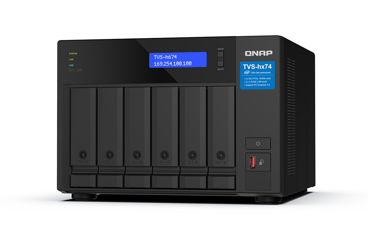 6-bay QNAP QuTS hero NAS, Intel® Core™ i3-12100 4-core/8-thread, up to 4.3GHz, 16GB SO-DIMM DDR4(max.64GB), 6 x 2.5"/3.5" SATA HDD/SSD, 2 x 2.5GbE, 2x M.2 PCIe Gen4 x4 slots, PCIe Gen4 slots, HDMI 1.4b, 250W PSU