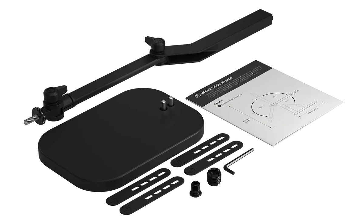 Elgato Wave Desk Stand - 1kg Load; 216mm horizontal reach; 411mm vertical reach; 275° arm rotation; 360° head rotation.