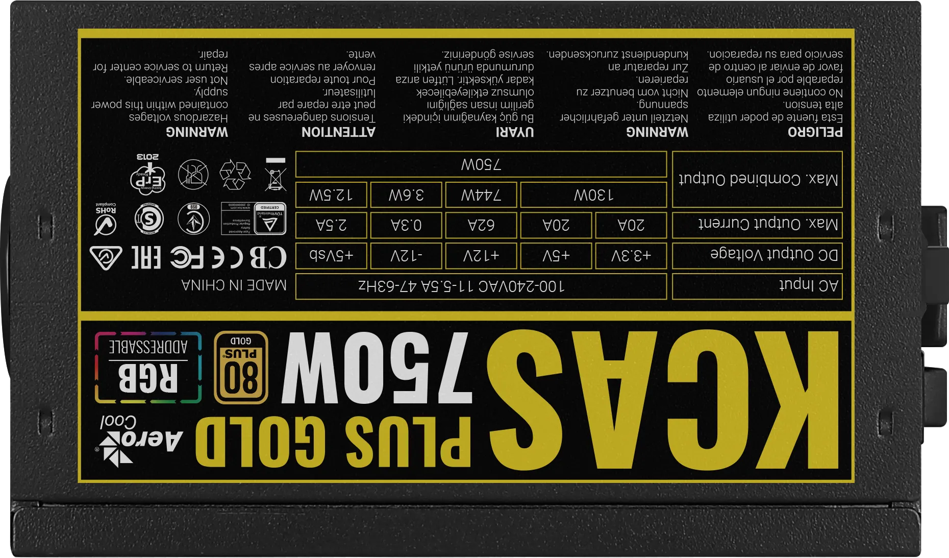 Aerocool KCAS PLUS Gold750W RGB PSU - ATX 24 PIN; 2x 4+4PIN CPU; 8x SATA; 4x PATA; 3x PCIe 6+2PIN.