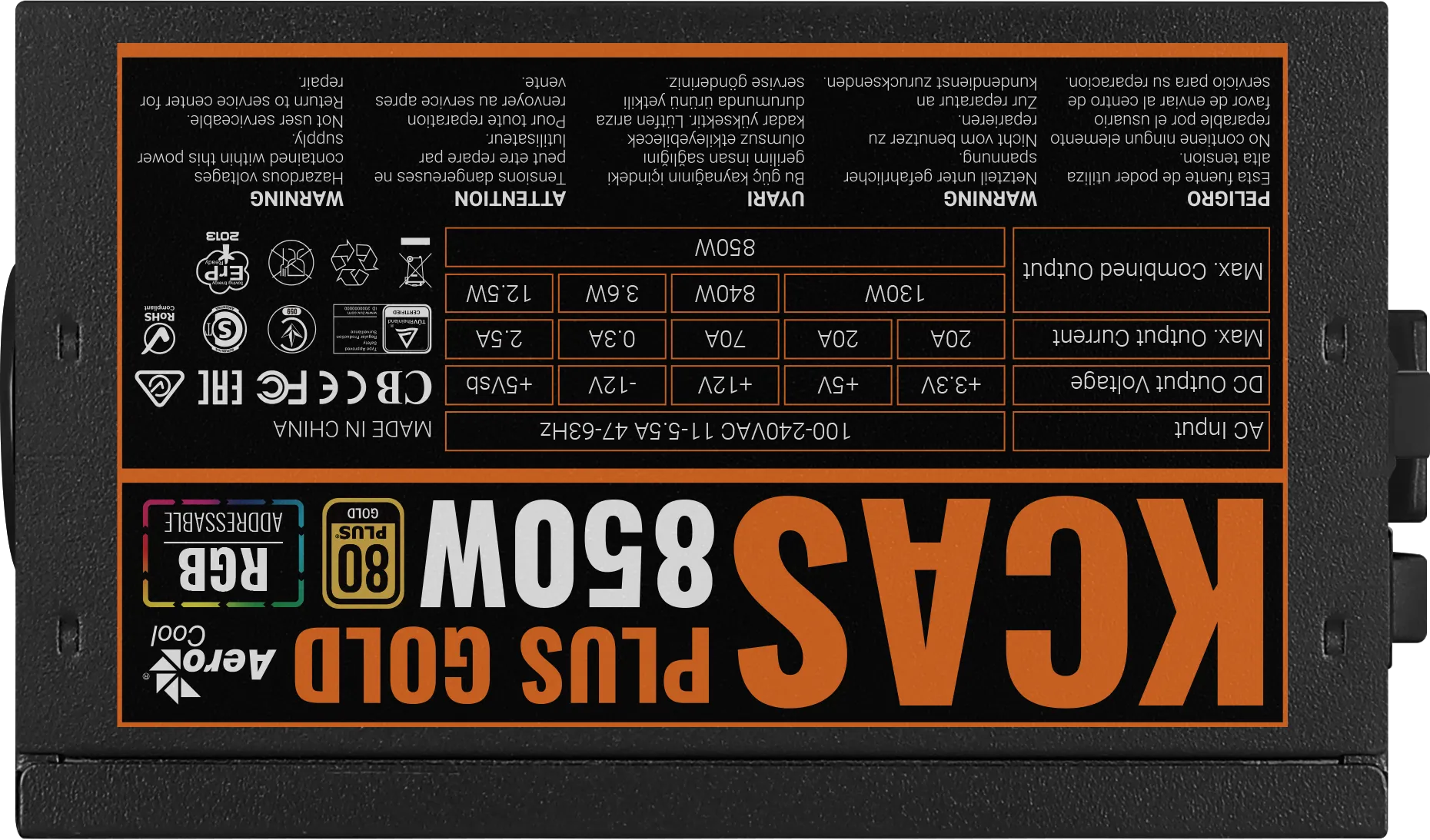 Aerocool KCAS PLUS Gold 850W RGB PSU - ATX 24 PIN; 2x 4+4PIN CPU; 8x SATA; 4x PATA; 3x PCIe 6+2PIN.