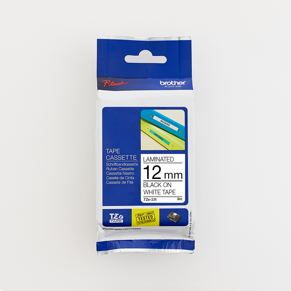 Brother 12MM Black on White Laminated tape