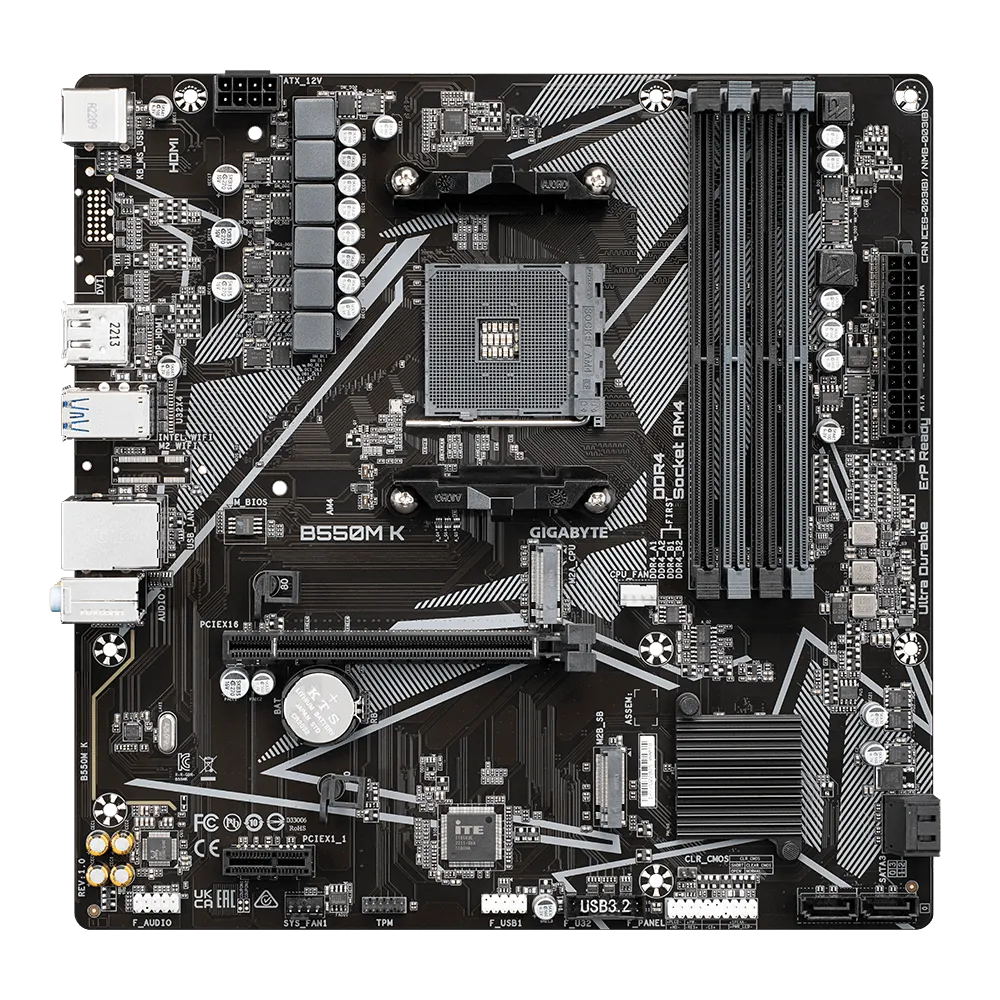 GIGABYTE B550M K Motherboard - AMD Ryzen 5000 CPUs, up to 4733MHz DDR4, 1xPCIe 4.0 + 1xPCIe 3.0 M.2, 1GbE LAN, USB 3.2 Gen 1, AMD, Socket AM4, AMD Ryzen 3000 Series, AMD Ryzen 4000 Series, AMD Ryzen 5000 Series, Socket AM4, DDR4-SDRAM, 128 GB