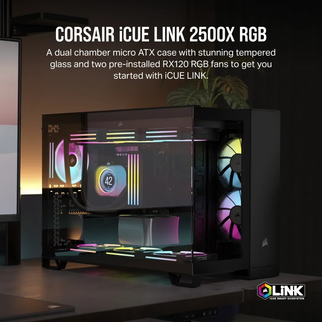 Corsair 2500X RGB, Micro Tower, PC, Black, ATX, 120,140,240,280,360 mm, 2.5,3.5"