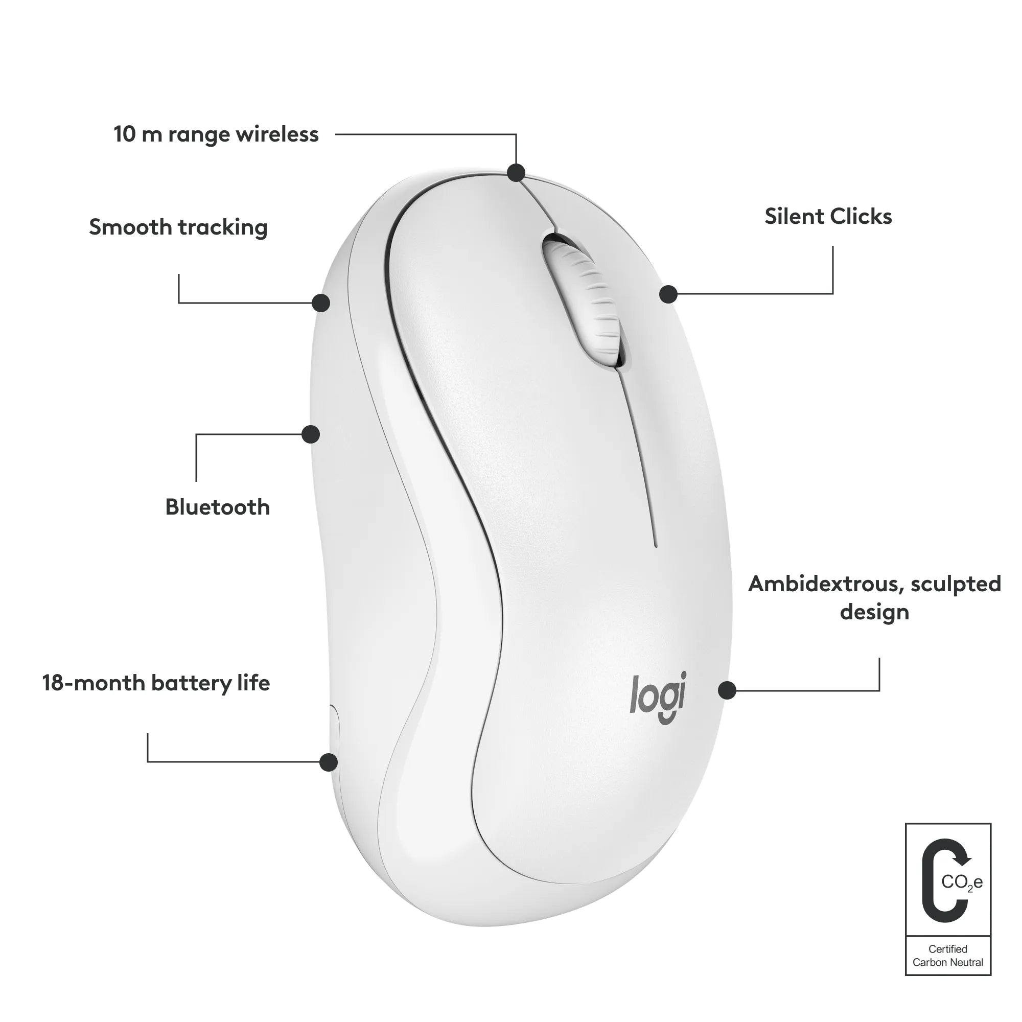 Logitech M240, Ambidextrous, Bluetooth, White