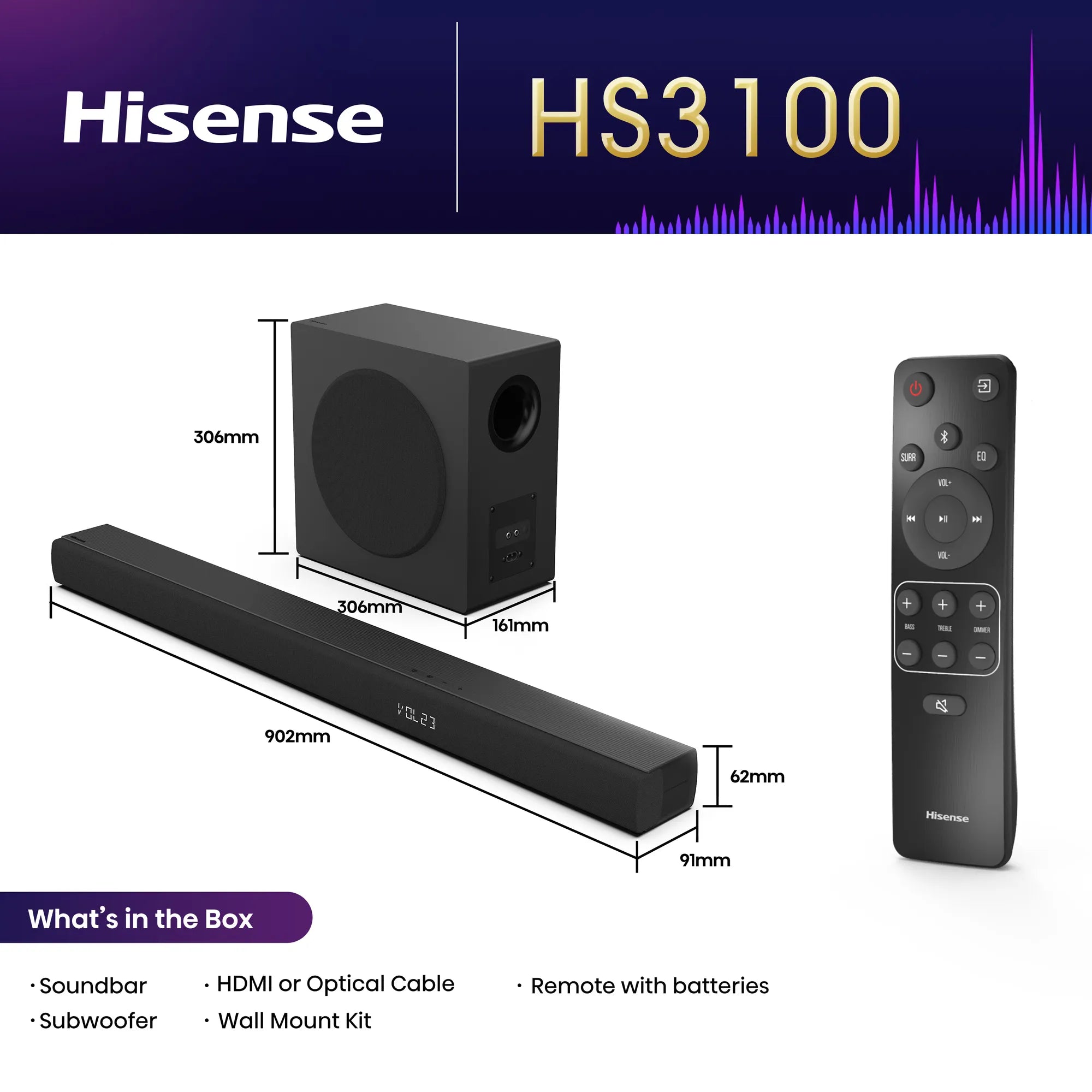 Hisense HS3100, 3.1 channels, 480 W, DTS Virtual:X, Dolby Digital, Game, Movie, Music, Night, Sport, TV, 180 W, Active subwoofer