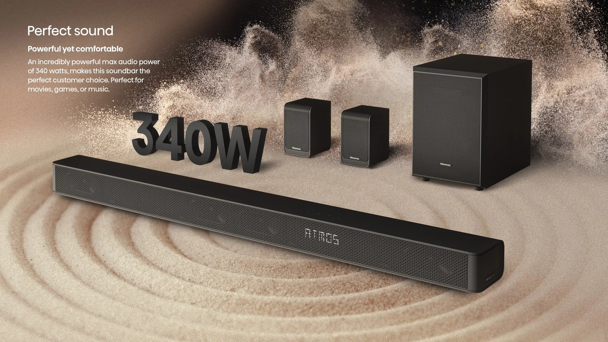 Hisense AX5100G, 5.1 channels, Bass, Movie, Music, 340 W, Active subwoofer, Wireless, 60 W