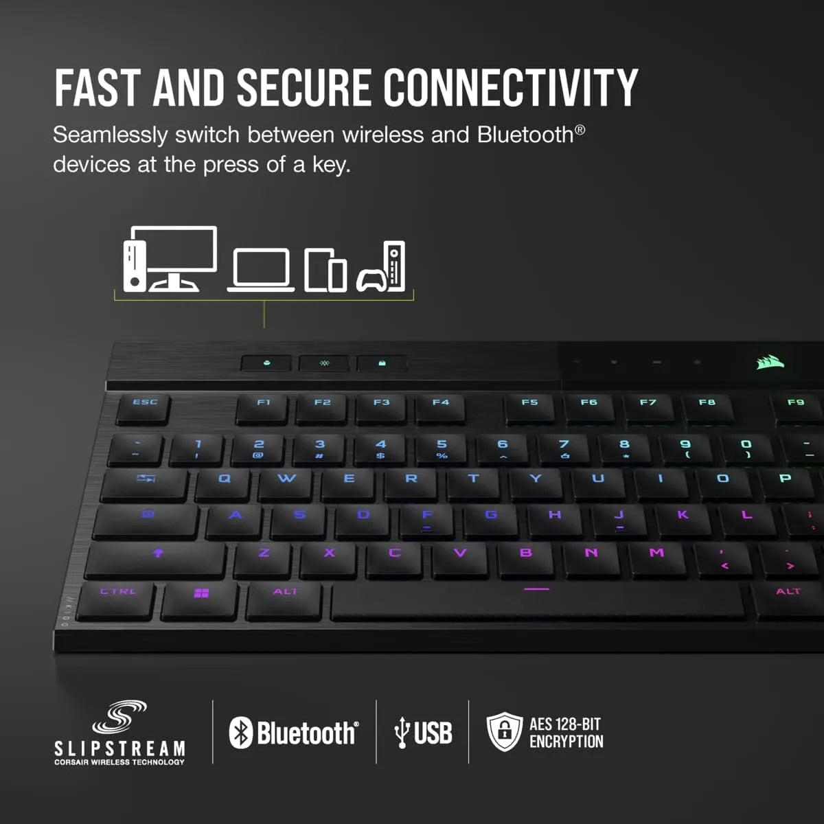 Corsair K100 AIR, Full-size (100%), USB + RF Wireless + Bluetooth, Mechanical, QWERTY, RGB LED, Black