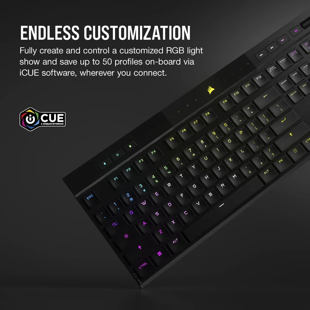 Corsair K100 AIR, Full-size (100%), USB + RF Wireless + Bluetooth, Mechanical, QWERTY, RGB LED, Black