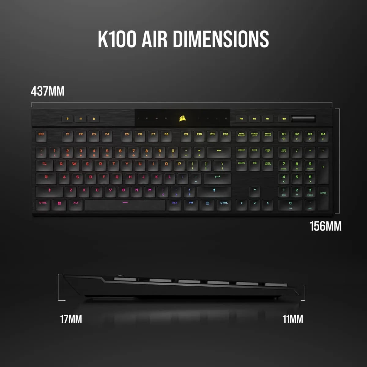 Corsair K100 AIR, Full-size (100%), USB + RF Wireless + Bluetooth, Mechanical, QWERTY, RGB LED, Black