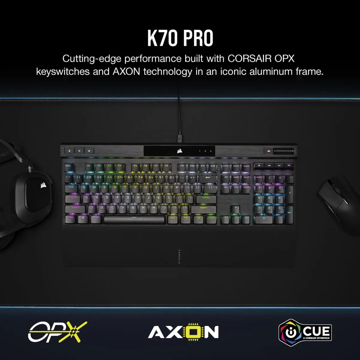 Corsair K70 PRO, Full-size (100%), USB, Opto-mechanical key switch, QWERTY, RGB LED, Black