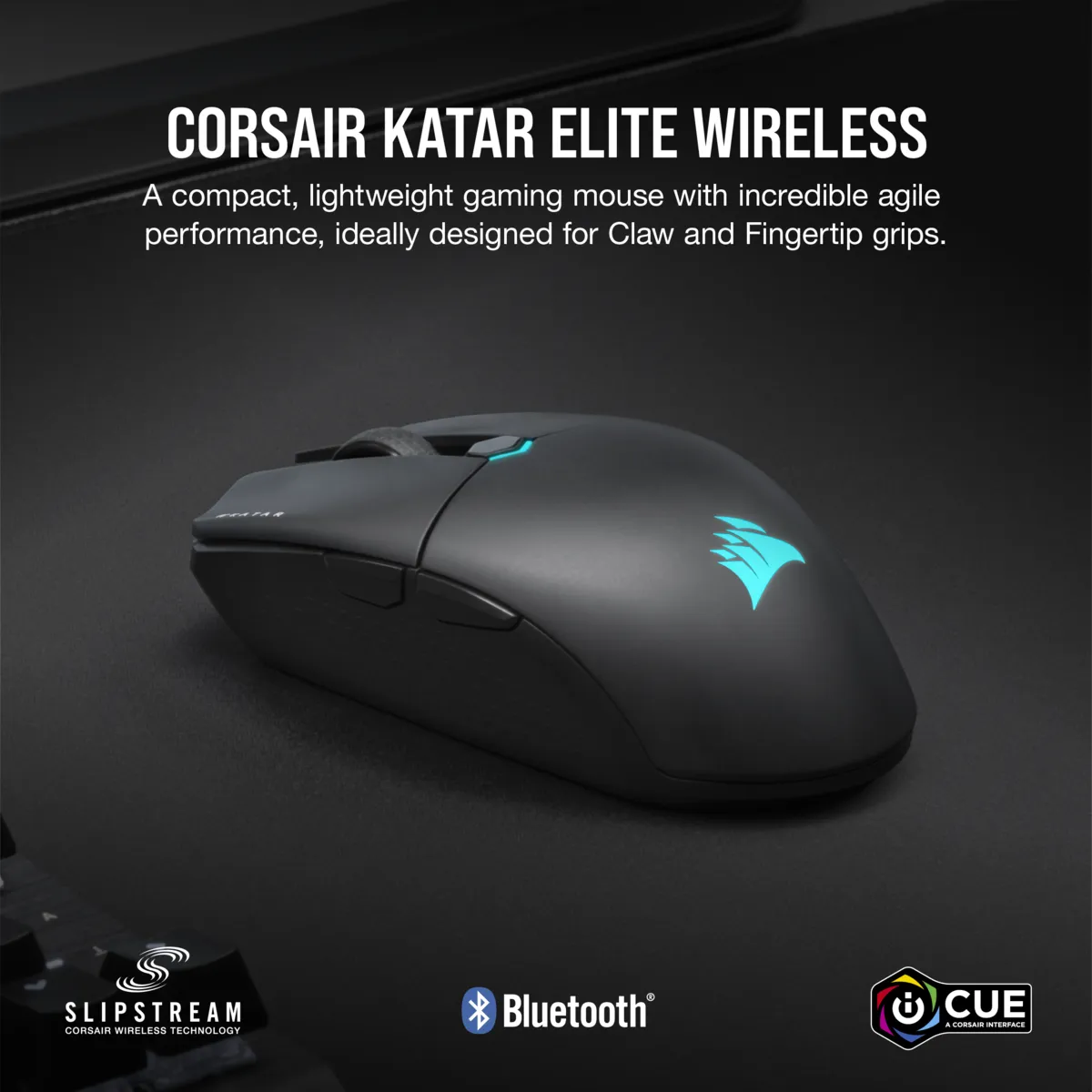 Corsair Katar Elite Wireles, Optical, RF Wireless + Bluetooth + USB Type-A, 26000 DPI, Black