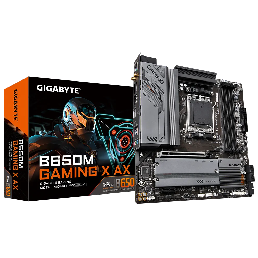 GIGABYTE B650M GAMING X AX - Supports AMD AM5 CPUs, 6+2+1 Phases Digital VRM, up to 8000MHz DDR5 (OC), 2xPCIe 4.0 M.2, Wi-Fi 6E, 2.5GbE LAN, USB 3.2 Gen 2, AMD, Socket AM5, AMD Ryzen™ 3, AMD Ryzen™ 5, AMD Ryzen™ 7, AMD Ryzen 9 7th Gen, Socket AM5, DDR5-SDRAM, 192 GB