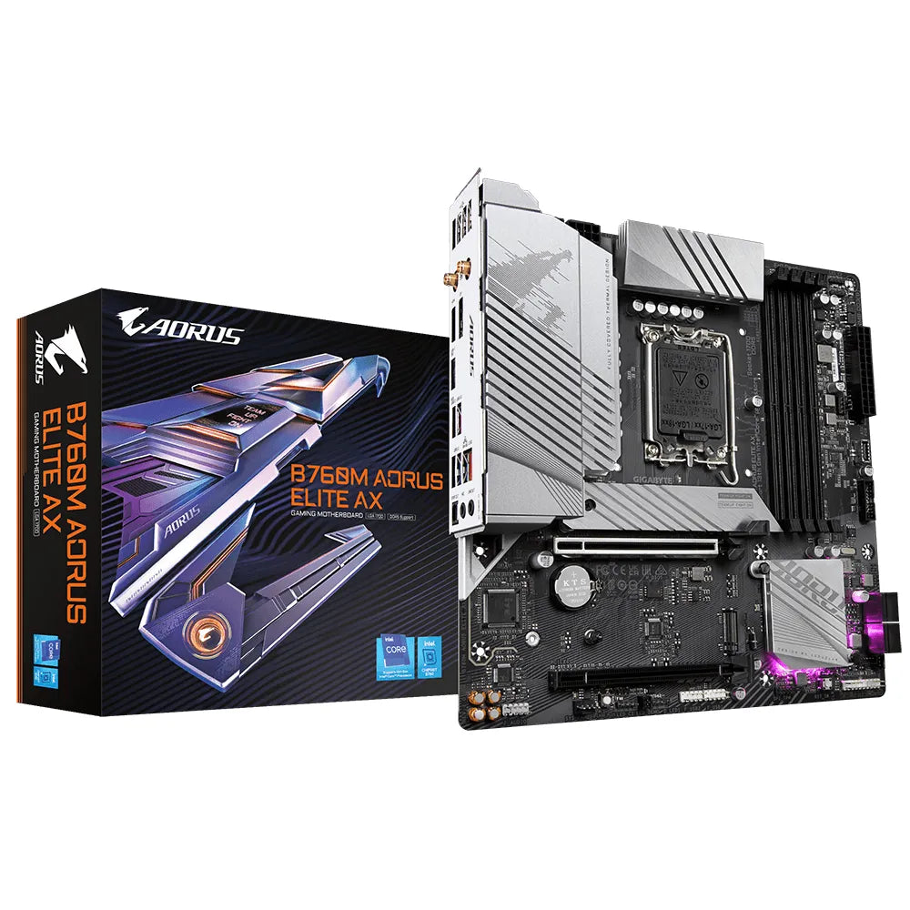 Gigabyte B760M AORUS ELITE AX Motherboard - Supports Intel Core 14th Gen CPUs, 12*+1+1 Phases Digital VRM, up to 7800MHz DDR5 (OC), 2xPCIe 4.0 M.2, Wi-Fi 6E, 2.5GbE LAN, USB 3.2 Gen 2, Intel, LGA 1700, Intel® Celeron®, Intel® Core™ i3, Intel® Core™ i5, Intel® Core™ i7, Intel® Core™ i9,..., LGA 1700, 192 GB, DDR5-SDRAM