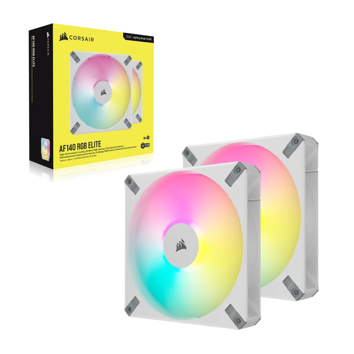 Corsair AF ELITE Series; AF140 RGB ELITE WHITE; 140mm Fluid Dynamic RGB Fan with AirGuide; Dual Pack with Lighting Node CORE