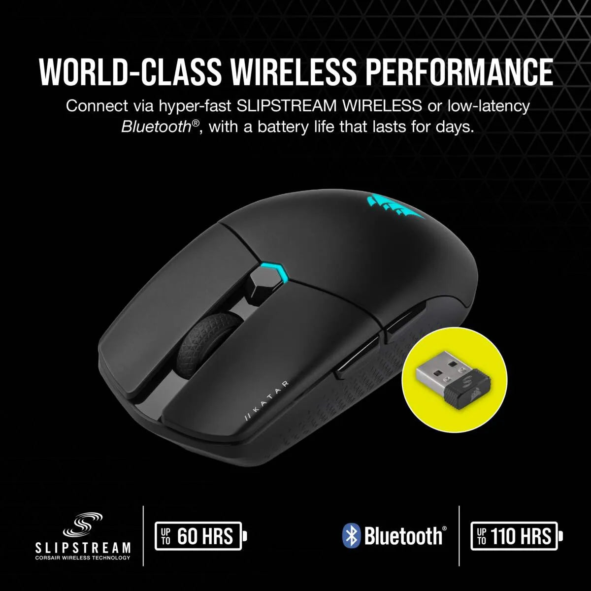 Corsair Katar Elite Wireles, Optical, RF Wireless + Bluetooth + USB Type-A, 26000 DPI, Black