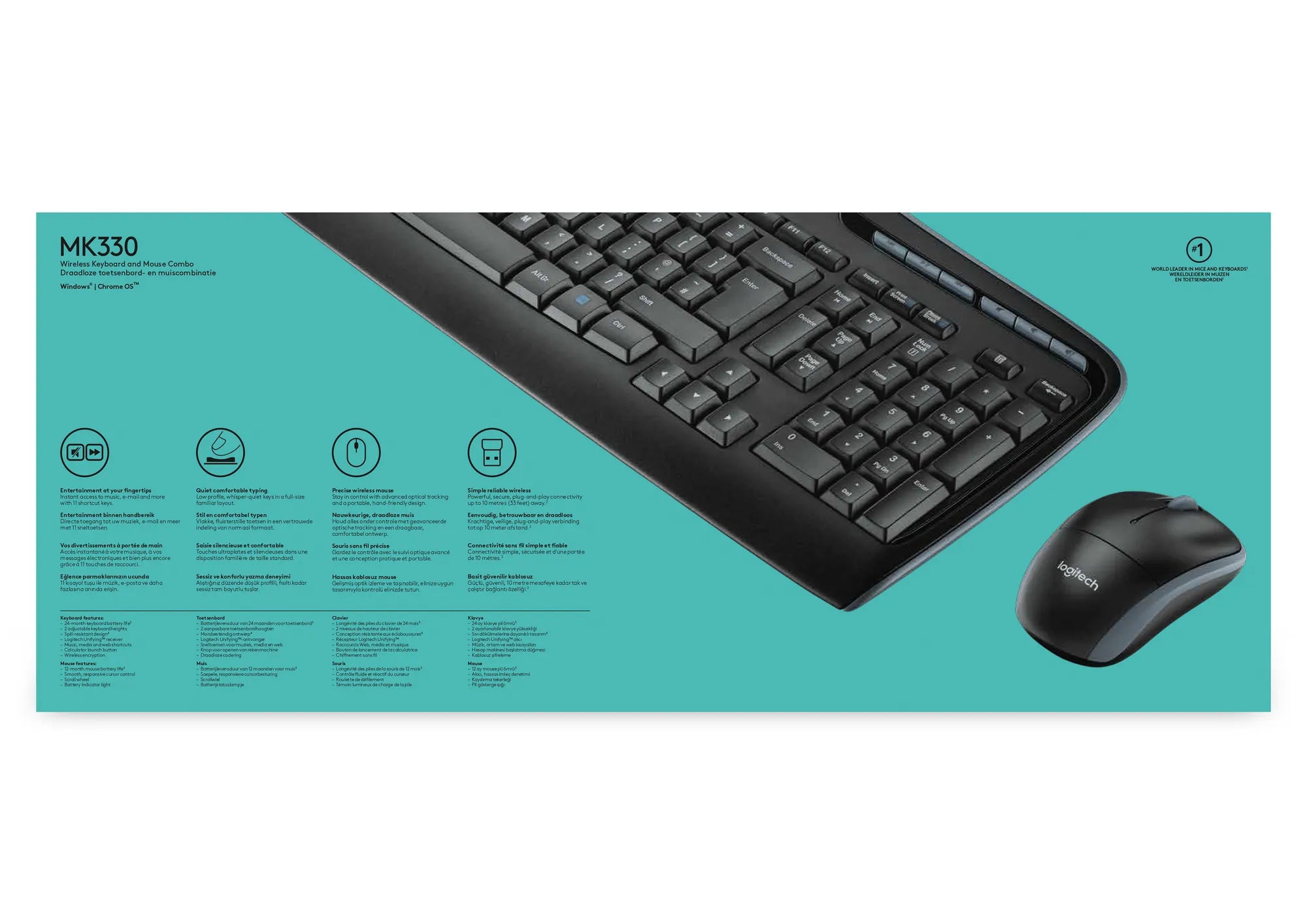 Logitech Wireless Combo MK330, Full-size (100%), Wireless, USB, QWERTY, Black, Mouse included