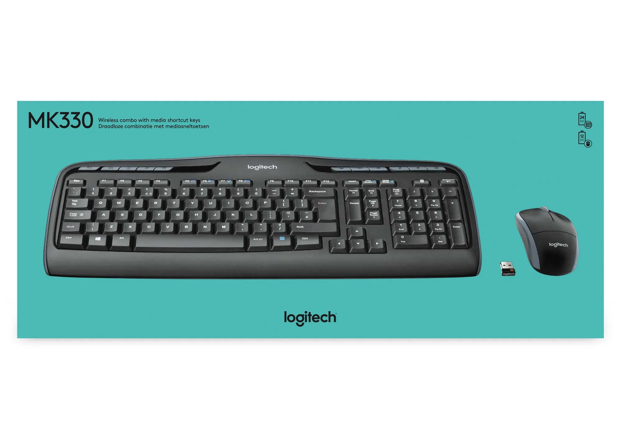 Logitech Wireless Combo MK330, Full-size (100%), Wireless, USB, QWERTY, Black, Mouse included