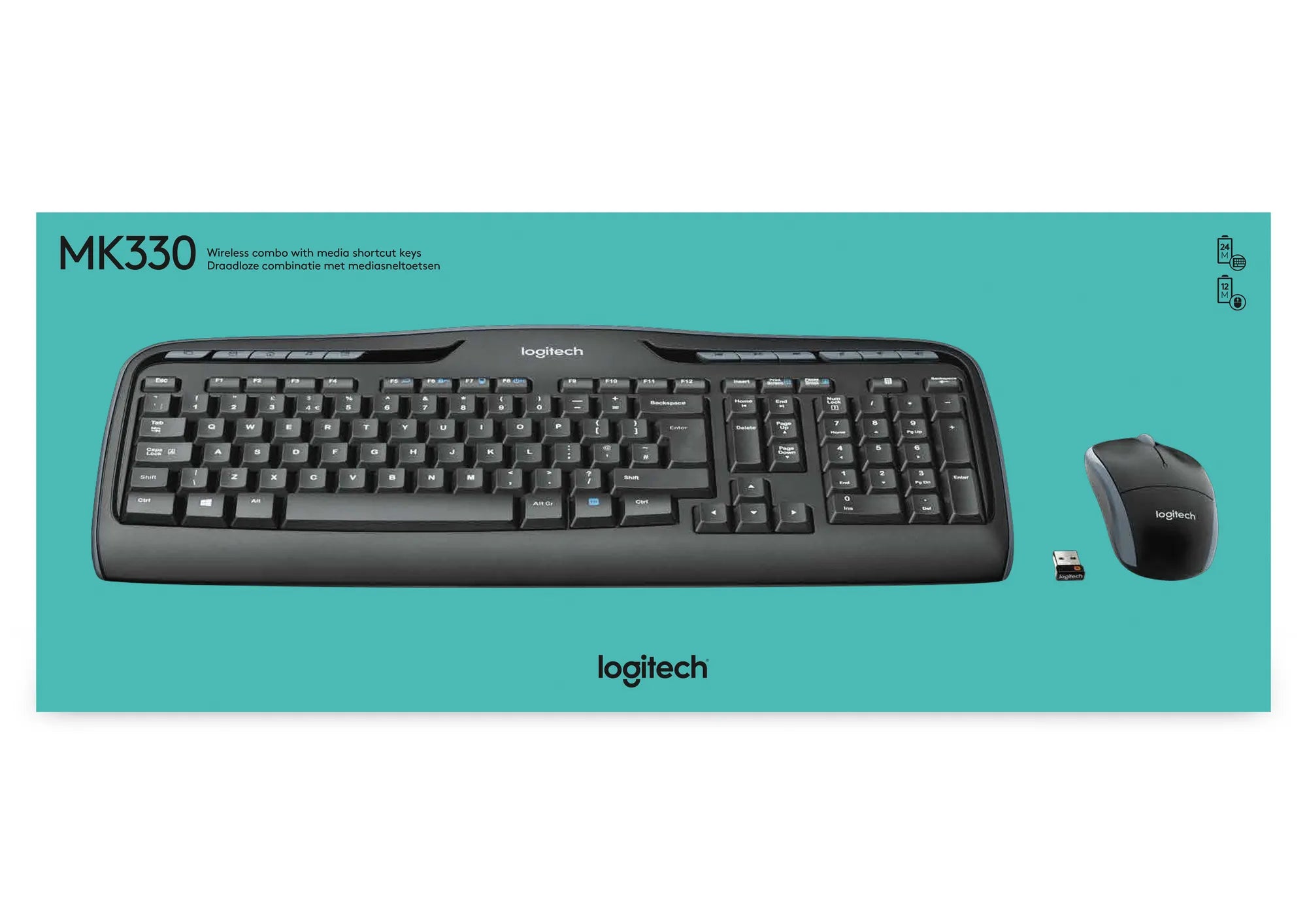 Logitech LGT-MK330-US, Standard, Wireless, RF Wireless, QWERTY, Black, Mouse included