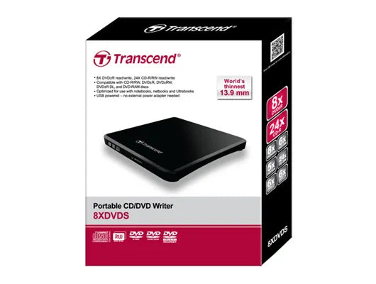 Transcend Portable DVD Writer - Black, Black, DVD±R/RW, USB 2.0, CD-R,CD-RW,DVD+R,DVD+RW,DVD-RAM,DVD-RW DL, 5 - 40 °C, 13.9 mm