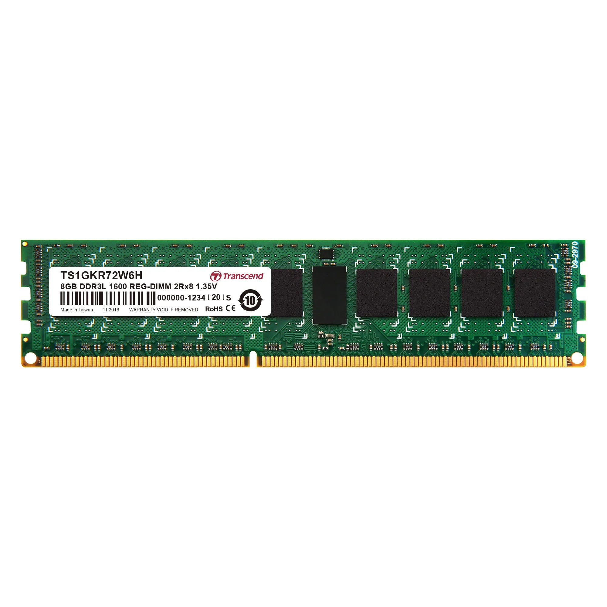 Transcend DDR3-1600 R-DIMM 8GB, 8 GB, 2 x 8 GB, DDR3, 1600 MHz, 240-pin DIMM