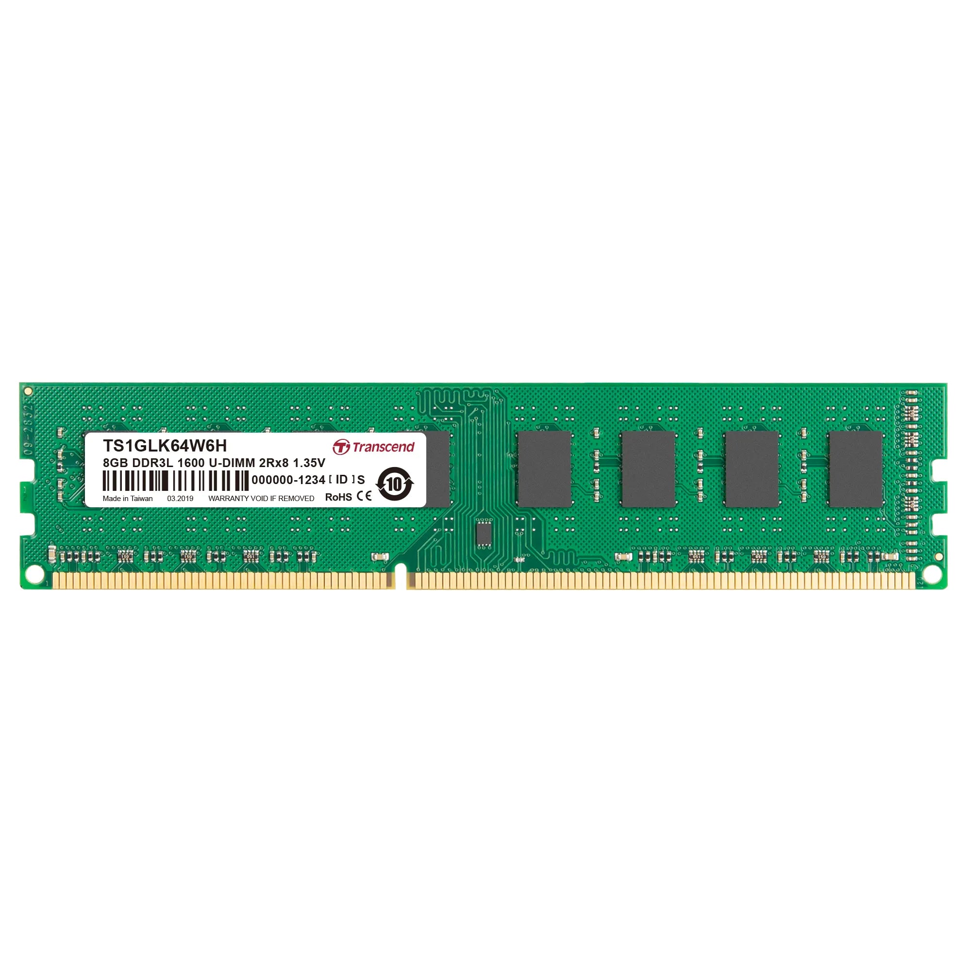 Transcend DDR3-1600 U-DIMM 8GB, 8 GB, 1 x 8 GB, DDR3L, 1600 MHz, 240-pin DIMM, Green